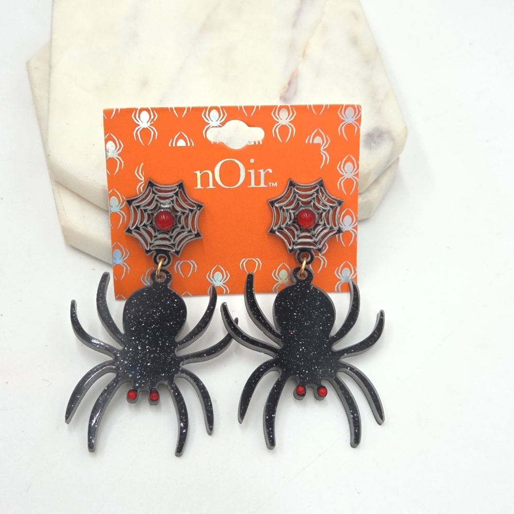 Halloween Glitter Black Spiders with Webs Earrings